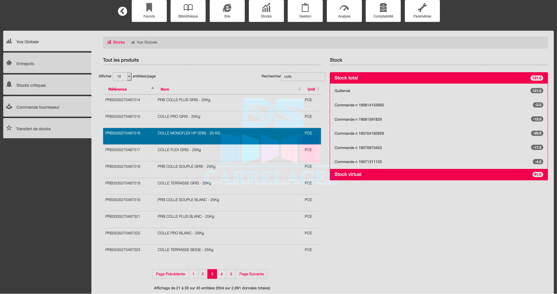 Exemple d'interface en place - Gestion de stocks